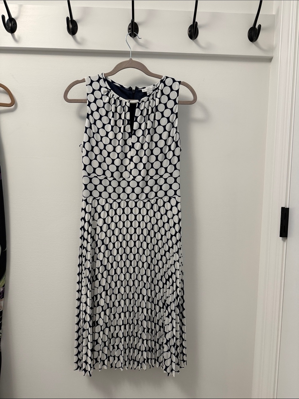 London Times Navy and White Polka Dot Pleated Midi Dress with Keyhole